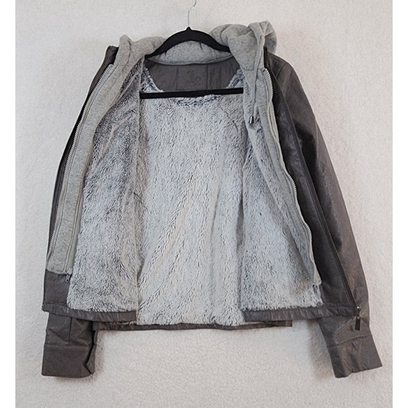 J2 Full Zip Up Fur Lined Grey Hooded Faux Leather Moto Jacket Women's Size XL - Picture 16 of 16